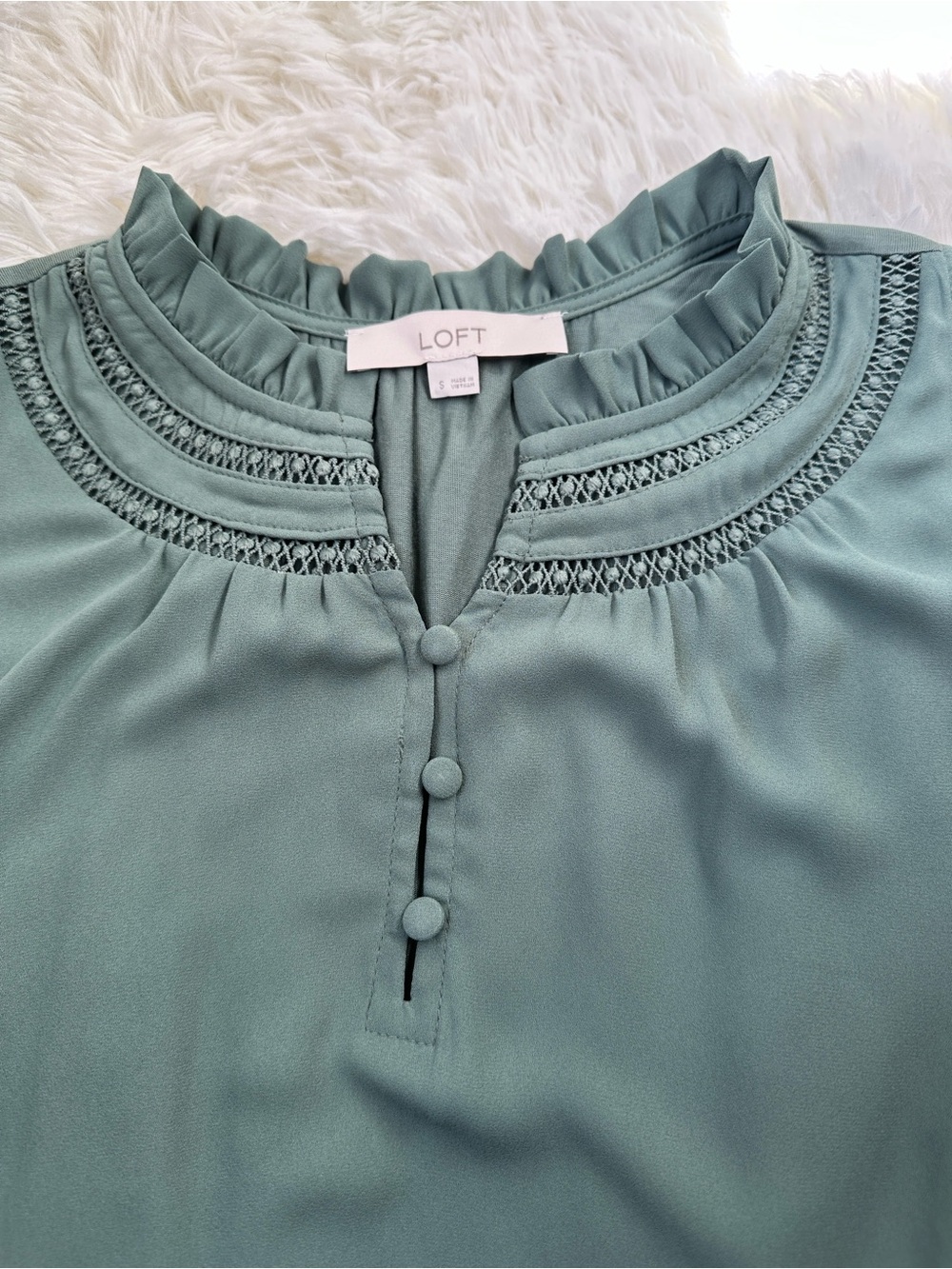 LOFT Mint Green Crochet Yoke Ruffle Collar Blouse - Picture 2 of 3